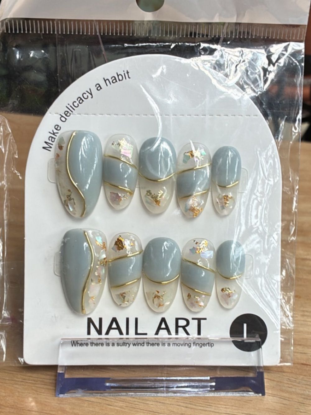 Dusty Blue & Gold Foil Abstract Press-On Nails